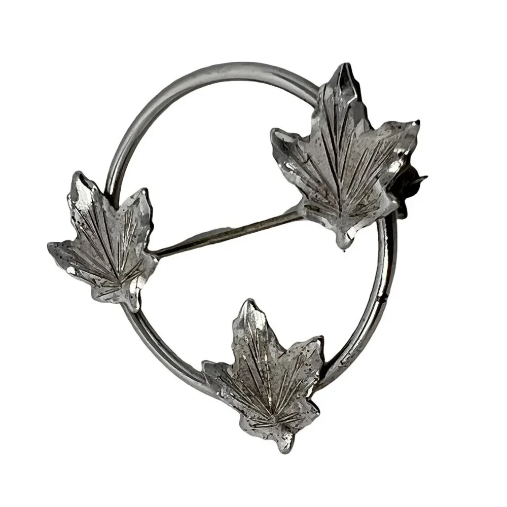 EMC Brooch Circle Maple Leaf Silver Tone Vintage Signed Pin‎